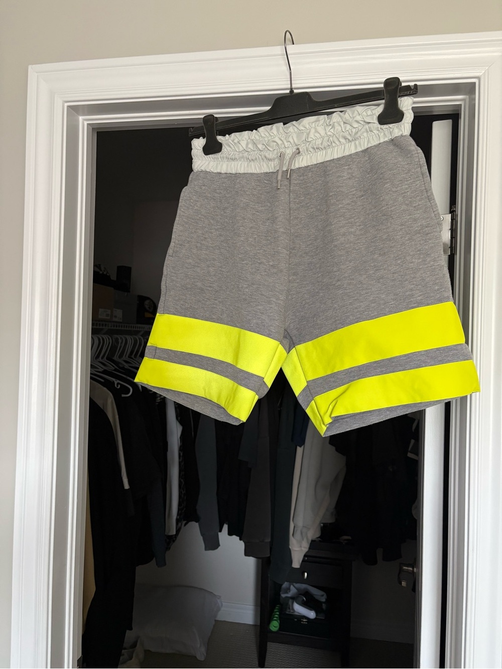 sacai Gray Athletic Shorts with Neon Yellow Bands